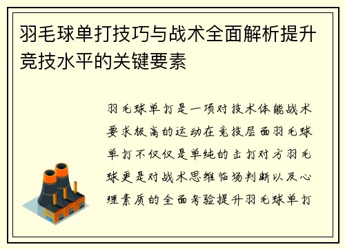 羽毛球单打技巧与战术全面解析提升竞技水平的关键要素