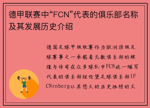 德甲联赛中“FCN”代表的俱乐部名称及其发展历史介绍